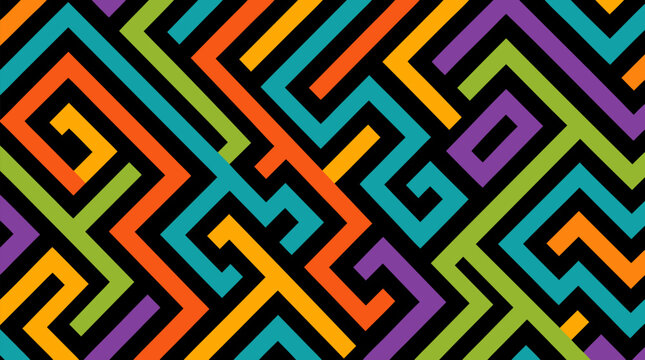Seamless geometric maze pattern with interlocking angular lines and sharp corners in vibrant cyan orange purple lime green on black background flat vector illustration -