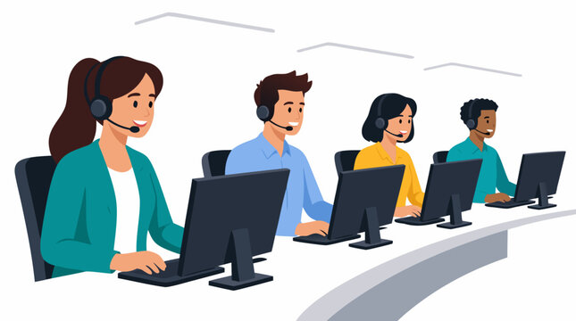 Row of diverse call center agents wearing headsets working at curved desks with monitors in bright modern open office customer service team illustration - professional detailed commercial stock