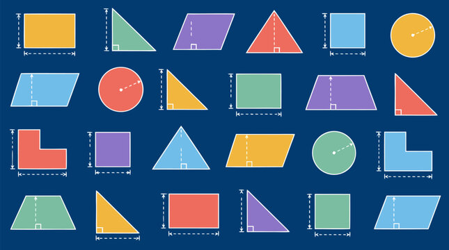 Colorful geometric shapes with area formulas triangles rectangles circles parallelograms and trapezoids with measurement lines scattered as seamless pattern on blue chalkboard for math education