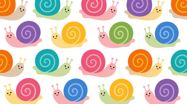 Repeating Seamless Pattern Cute Cartoon Snails Colorful Spiral Shells White Background Whimsical Kawaii Vector Illustration Textile Wallpaper Fabric Print Design - detailed commercial stock imagery