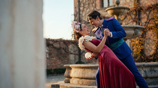 Couple dancing romantically in vintage costumes near a fountain  
