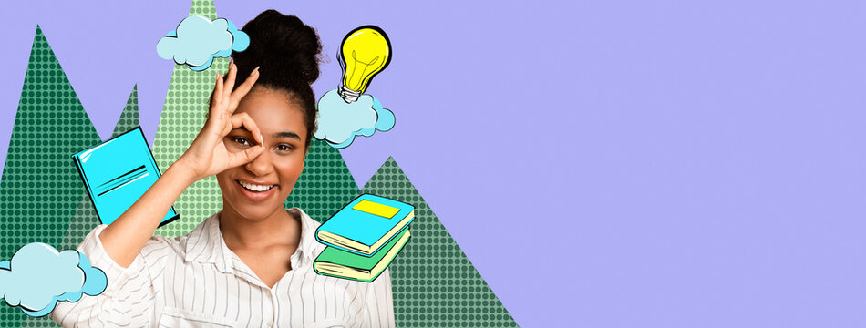 Smiling Young Black Female Student Holding Hand In Ok Gesture While Engaging In Study At Home Workspace. Bright Atmosphere Reflects A Positive Learning Environment And Education Concept.