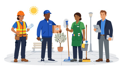 Obraz premium Flat vector illustration of diverse professional employees standing together wearing different work uniforms representing construction delivery cleaning and office business roles employment concept