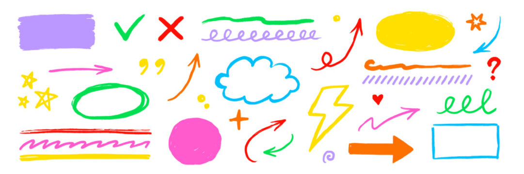 Pencil arrow color line set. Hand drawn pencil arrow color line doodle crayon brush stroke paint. Check underline pastel grunge kid chalk charcoal rough texture. Vector