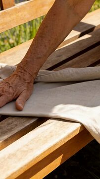 Vertical video: Placing hand, bare arm smoothing linen on garden bench to remove creases, ring