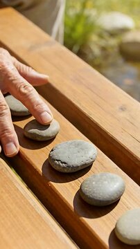 Vertical video: Tapping finger, senior hands sliding and aligning stones on pond bench, beige pants