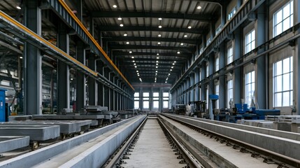 Obraz premium Long industrial hall with concrete beams on tracks steel beams overhead and letting in natural light