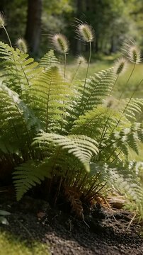 Vertical video: Swaying fern fronds, foxtails shifting from breeze and dappled sun at field edge