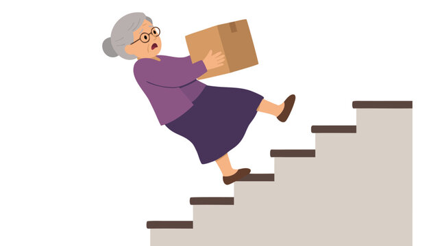 Elderly senior woman falling backward on staircase while carrying heavy cardboard box, losing balance on stairs, home safety hazard, fall risk accident and injury danger vector illustration