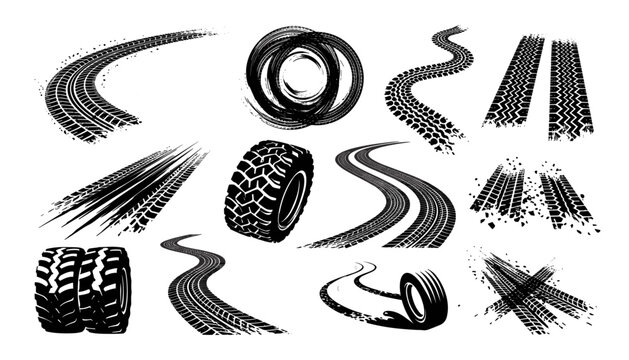 Collection of Black Tire Tracks and Road Marks Vector Illustrations for Automotive Design