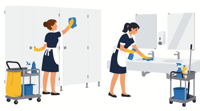 Two professional female maids in navy blue uniforms with white aprons and yellow gloves cleaning white bathroom stalls and polished sinks with cleaning carts in a modern restroom facility