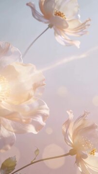 Vertical video: Detaching pink petal drifting on set, passing 3 sheer blooms by breeze
