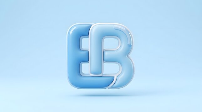 Interlocked capital letters E and B rendered in a glossy blue plastic style with soft lighting and rounded smooth edges