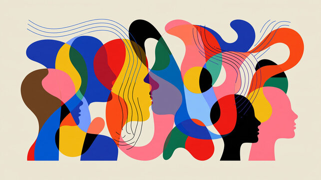 Modern abstract illustration of emotional intelligence using connected colorful faces, flowing shapes, and human silhouettes, empathy, self-awareness, communication, leadership,