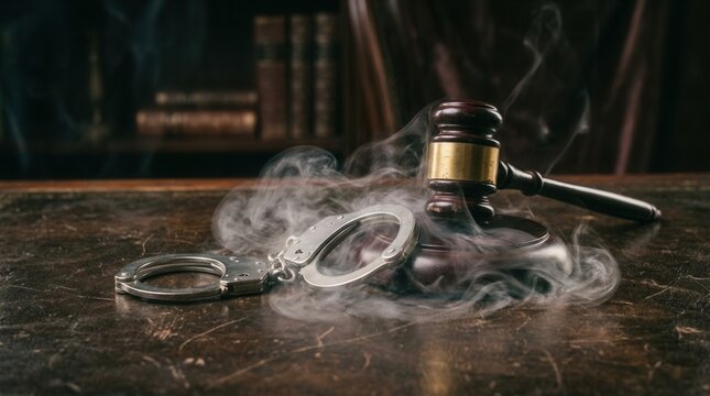 Justice Unveiled Through Gavel and Handcuffs With Mystical Smoke Tendrils