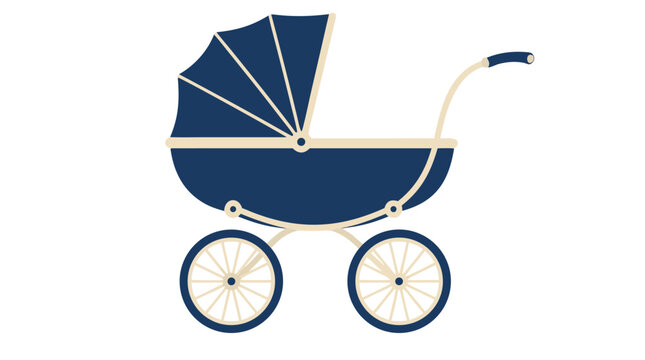 Vintage navy blue baby stroller pram vector illustration featuring curved handle, folding canopy with fan design, and four white spoked wheels in flat geometric style on clean white background
