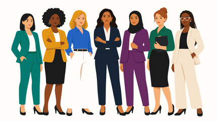 Obraz premium Diverse Group of Seven Confident Professional Women Standing Together in Colorful Bold Business Attire, Flat Color Vector Illustration, Strong Female Team, Inclusive Corporate Workforce Representation
