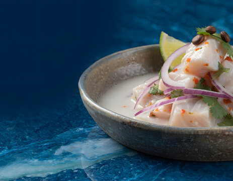 Close Up of Peruvian Ceviche in Tiger Milk Marinade with Red Onions in Rustic Ceramic Bowl