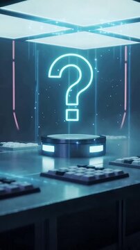 Vertical video: Beaming overhead panel pulsing cyan question mark over metal stand, keys misting