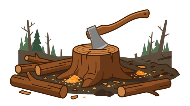Cartoon vector illustration of freshly cut tree stump with wood handled axe wedged into top, surrounded by fallen logs and sawdust in forest clearing, lumberjack logging scene