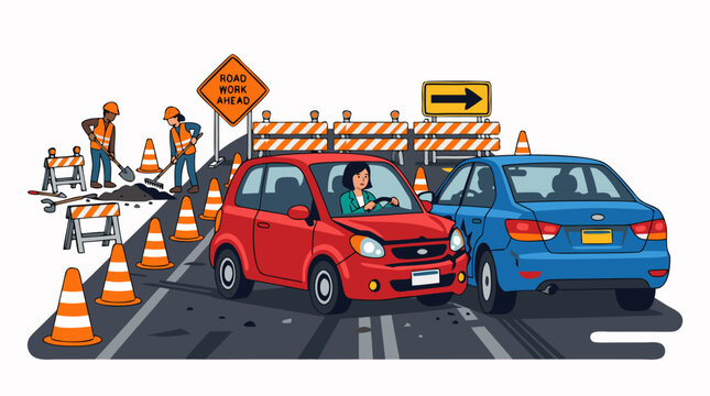 Woman driver in red compact car rear-ending blue sedan at road construction zone with orange traffic cones, safety barriers, road workers, bold flat color vector illustration