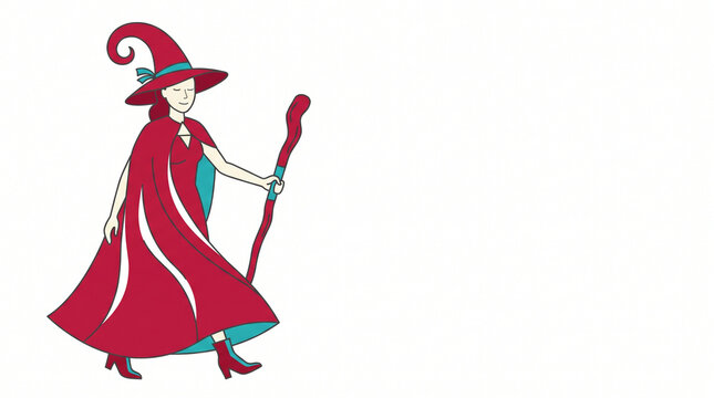Cartoon witch in a red cloak holding a magic staff  