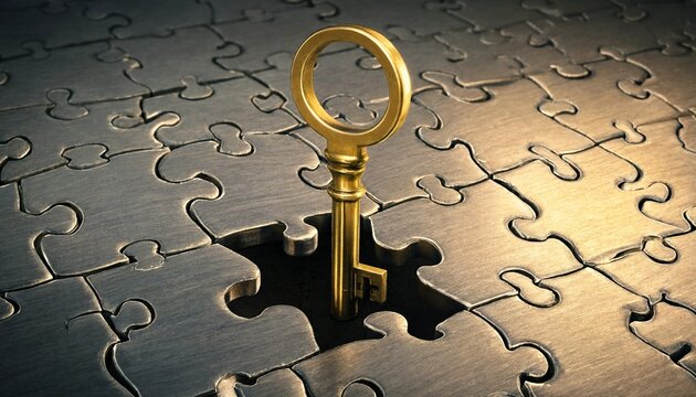 Golden key inserted into a missing piece of metallic puzzle background