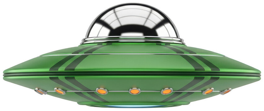 Green metallic flying saucer UFO isolated on transparent background for sci-fi marketing