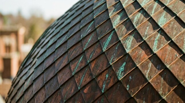Close-up of weathered copper dome roof with overlapping diamond tiles and turquoise patina, architectural detail against blurred background