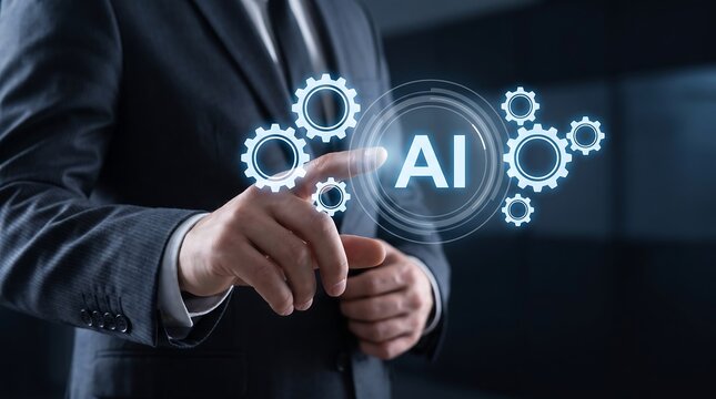 Person touching holographic artificial intelligence interface with gear icons floating around