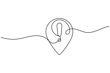 Fototapeta premium Location pin line art with exclamation mark in continuous one line drawing style featuring editable stroke vector