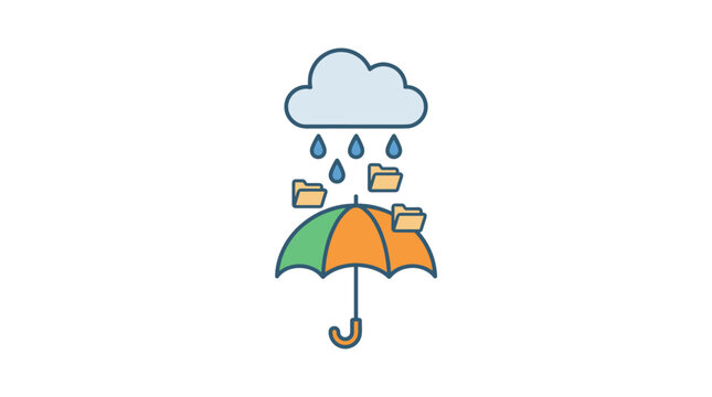 Cloud raining data folders into an open umbrella, symbolizing secure data management and digital protection