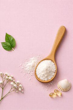 Natural sweetener set with stevia, wooden spoon, and leaves. Sugar substitute for cooking, baking, and sweetening.