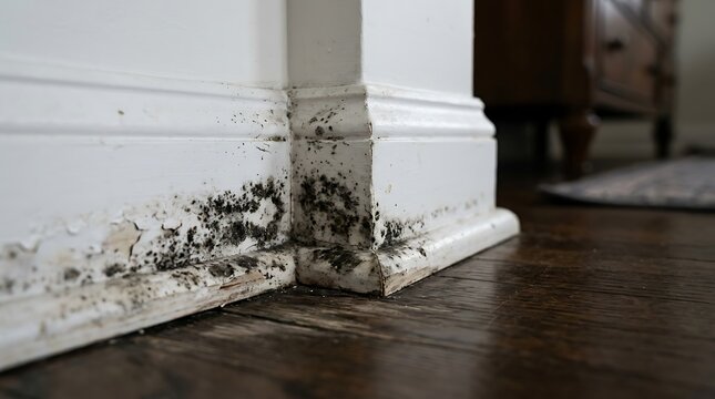 Close up of mold damage on baseboard and wall corner