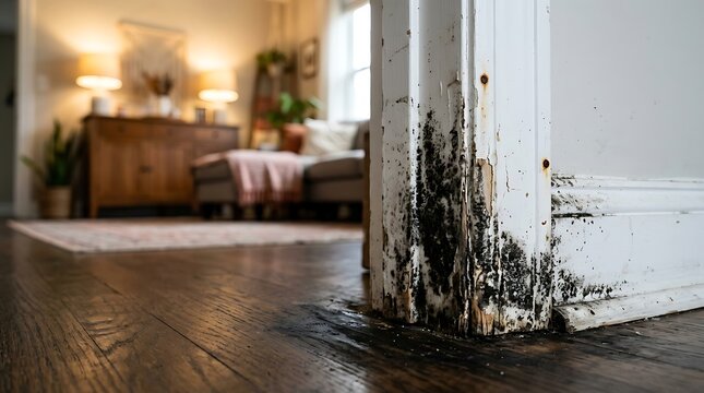 Severe black mold growth on home interior wall and floor
