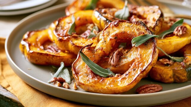 Roasted acorn squash slices with sage leaves and pecans on plate, autumn side dish and seasonal vegetarian food concept