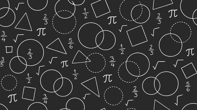 Seamless mathematical pattern featuring overlapping circles triangles squares pi symbols square roots and fractions in white on dark chalkboard background educational vector illustration design