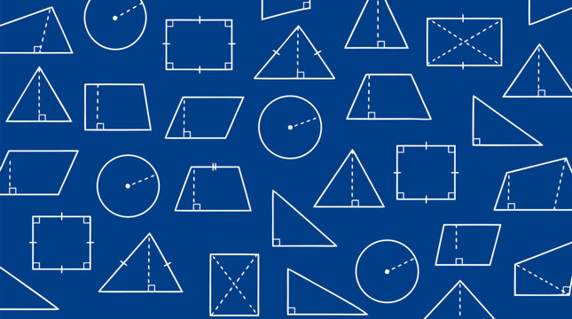 Scattered geometric formulas and area-finding diagrams including triangles squares circles parallelograms and trapezoids with height lines and measurements tiled as a flat seamless pattern on a deep
