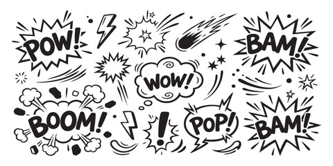 Set of hand drawn comic book sound effect bubbles with text like pow boom bam and pop © Sharmin