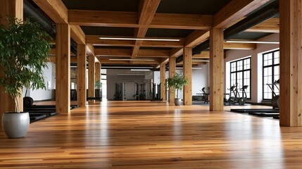 Obraz premium Spacious gym with exposed wooden beams polished hardwood floors and large letting in natural light