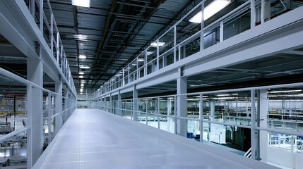 Obraz premium A long elevated walkway in a modern industrial facility with multiple levels metal railings and bright overhead lighting