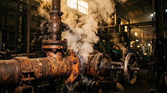 Old rusty industrial pipe leaking steam in factory