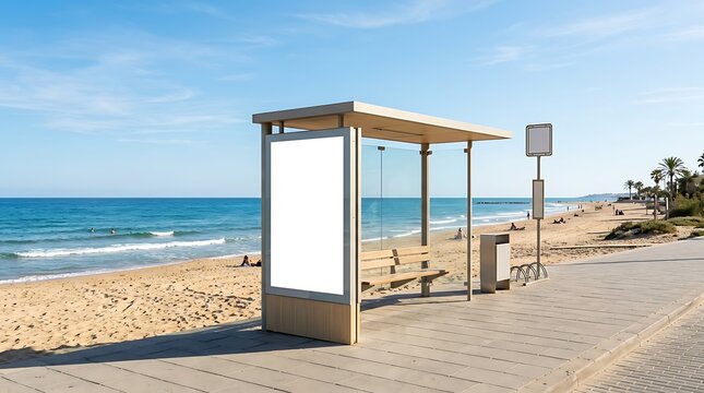 Empty advertising billboard at a sunny beach bus stop