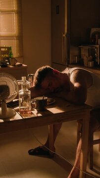 Vertical video of young adult Caucasian man sleeping passed out at table beside alcohol bottle. Clip suitable for substance abuse recovery campaigns and mental health awareness