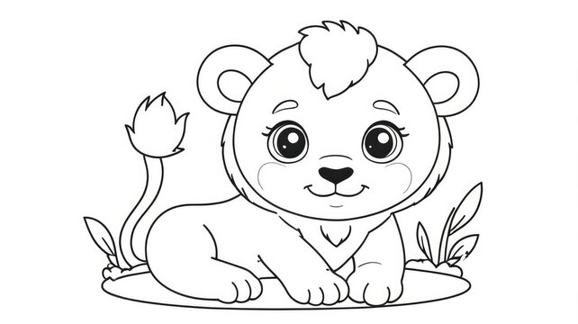 A black and white outline drawing of a cute cartoon lion cub sitting on the ground. Children book coloring page layout template, creative educational hobby sheet.
