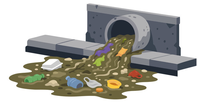 Clogged urban drainage pipe overflowing with dirty wastewater and plastic garbage on city street, bold flat color vector illustration of water pollution and environmental waste