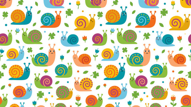 Seamless whimsical repeating vector pattern of cute cartoon snails with vibrant colorful spiral shells on white background with clover leaves, tiny flowers and dots for kids fabric and wallpaper