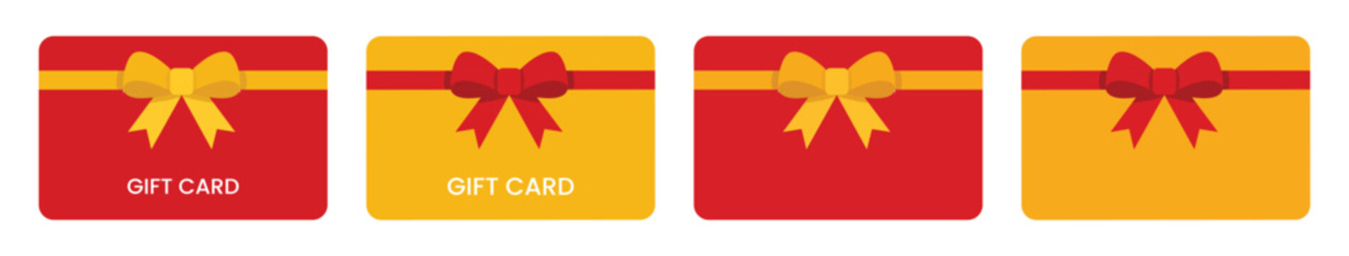 Set of four gift cards with red and yellow colors, decorated with ribbons and bows, flat vector illustration design elements for holidays and shopping events