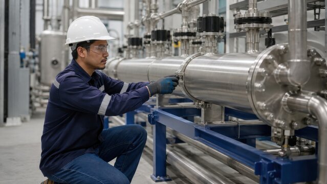 Technician Checks Pressure Housing on Membrane Filtration Skid