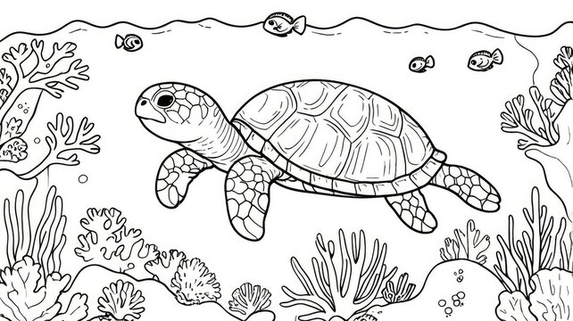 An educational coloring page template with an outline sketch of a friendly sea turtle swimming underwater. Kids activity sheet design, cartoon marine animal graphic vector.